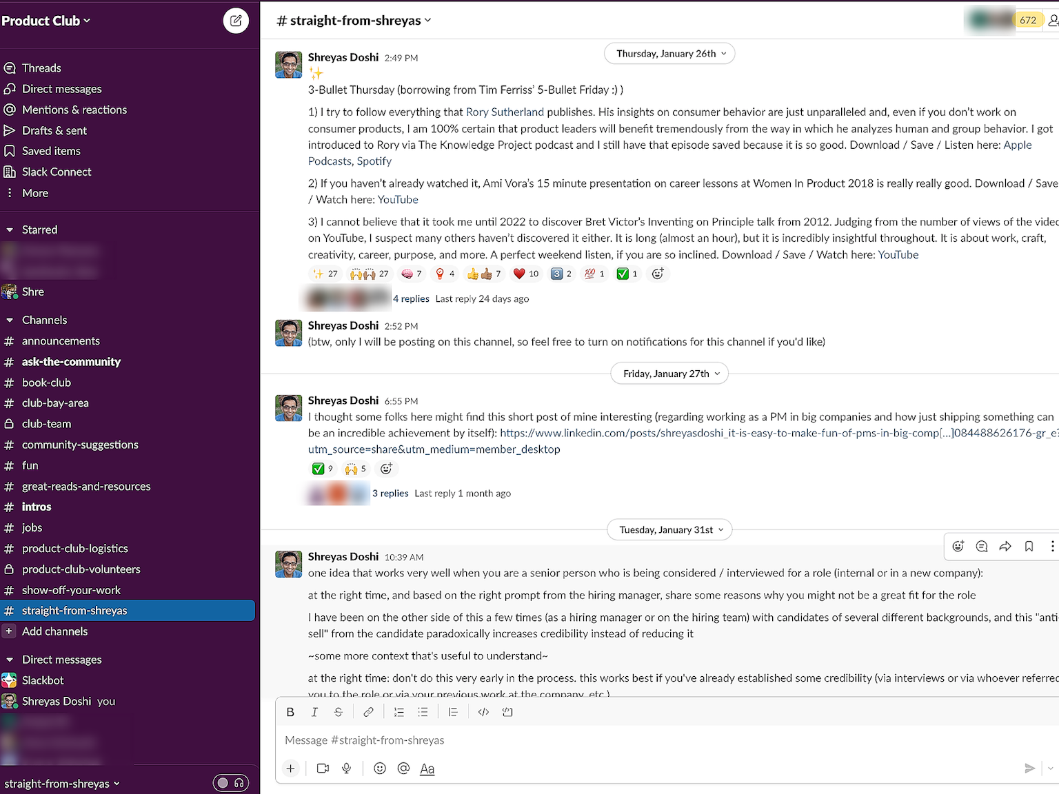 Screenshot of Shreyas Doshi's Product Club. Only course alumni can apply to join Product Club.